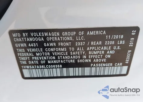 2020 Volkswagen Passat 2.0T Se z USA, uszkodzony, nr VIN 1VWSA7A36LC006358